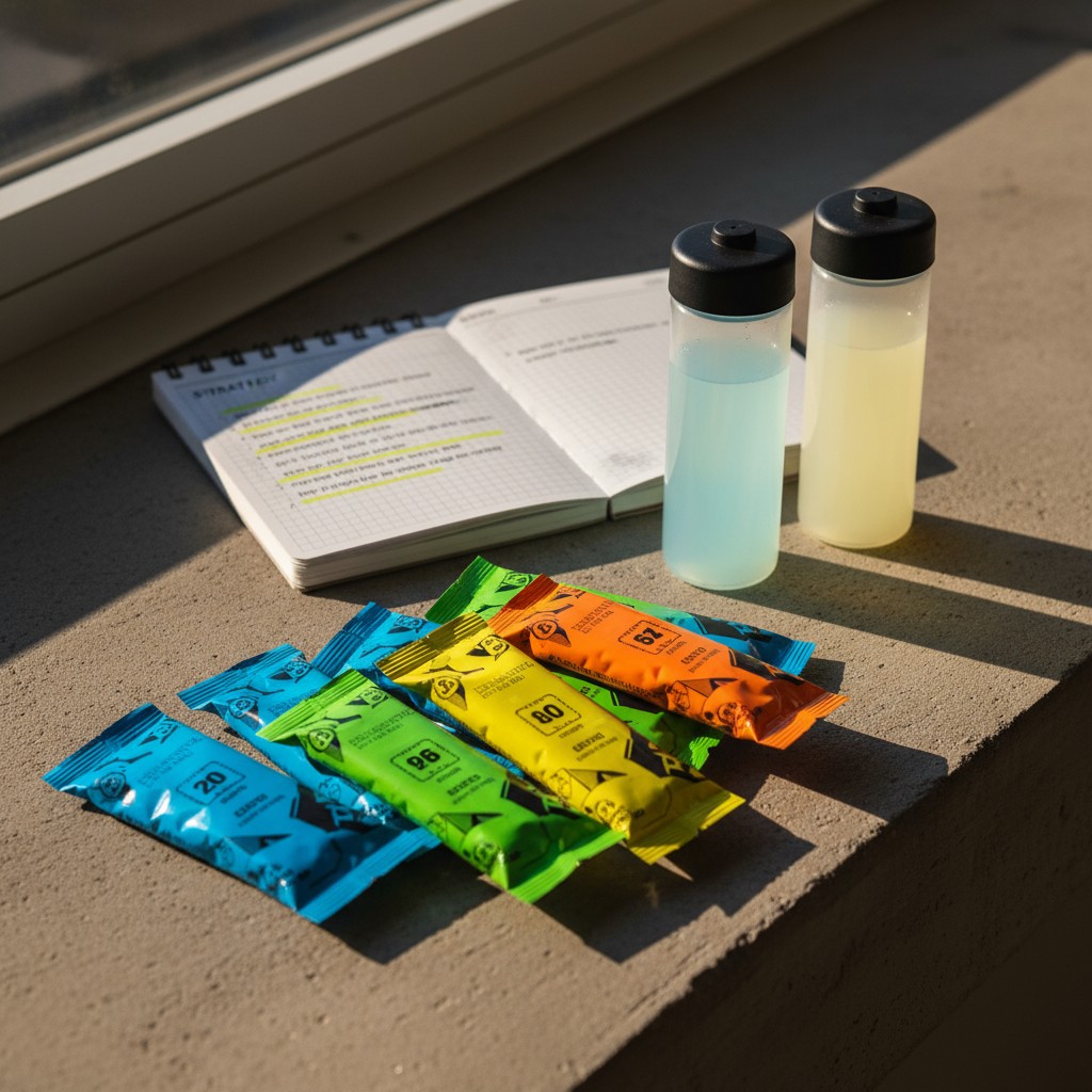 A selection of colorful energy product packets in various sizes are arranged on a table next to drinking water and a noteb...