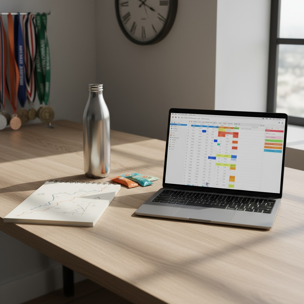 Laptop sitting atop a wooden desk, with a notebook, water bottle, and various snacks surrounding it, featuring a color-cod...
