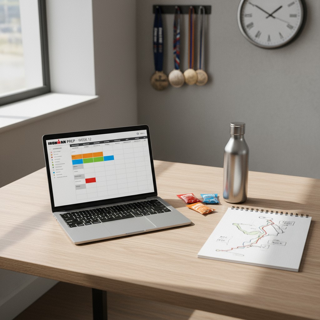 The image shows a laptop sitting on a desk. The laptop sits in the center-left of the image, open to a website titled "IRO...